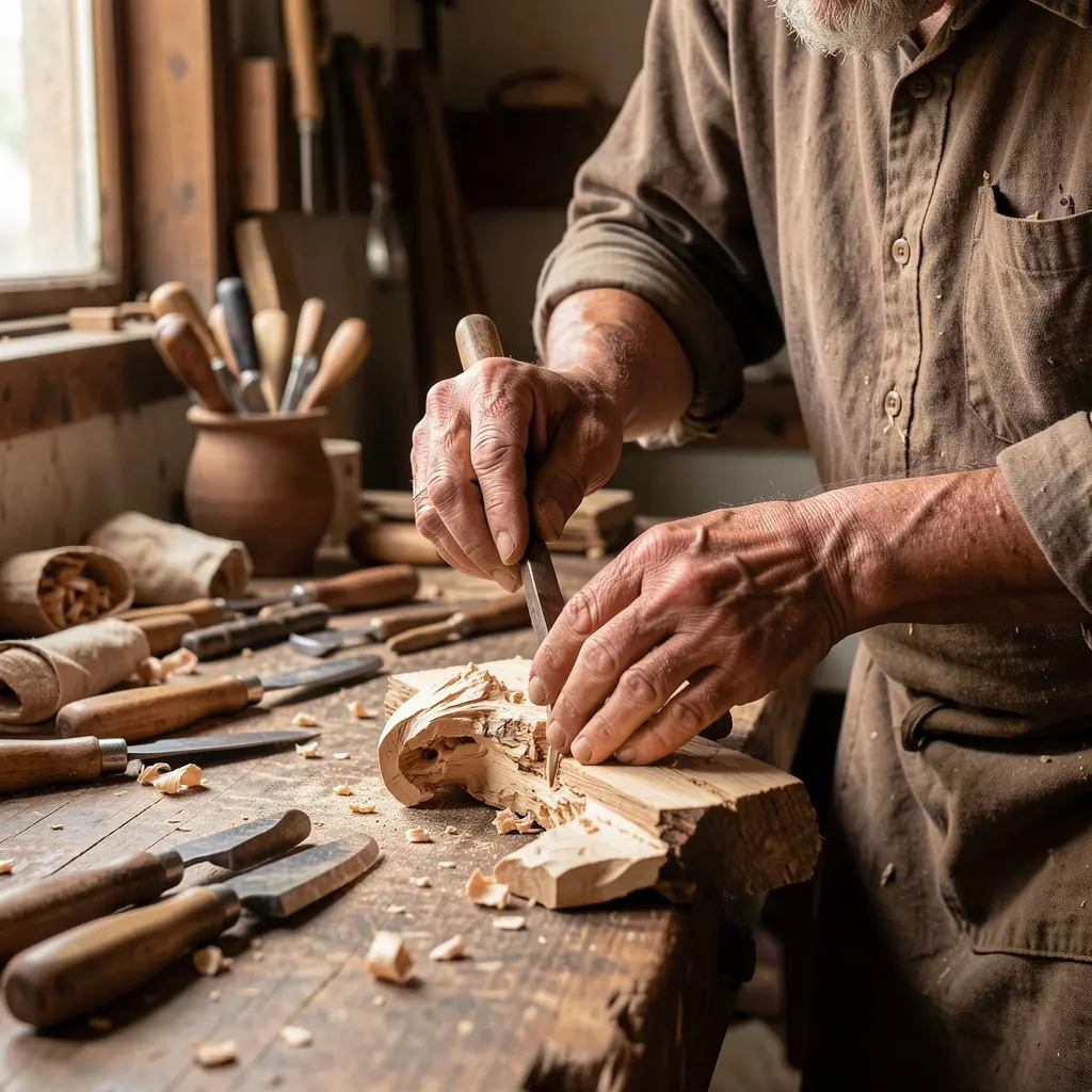 Artisan working on handcrafted items in a traditional workshop